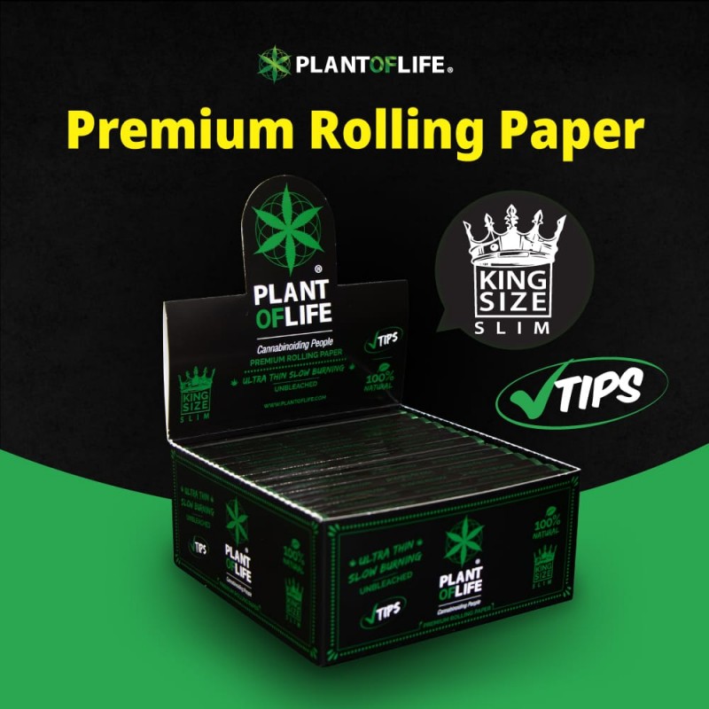 Plant of Life Premium Rolling Papers King Size Slim with Tips - Box x 26